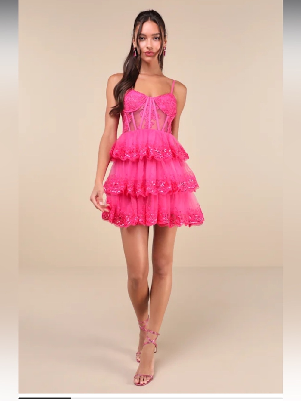 Lulus Exquisite Drama Hot Pink Embroidered Sequin Tiered Mini Dress - Size M